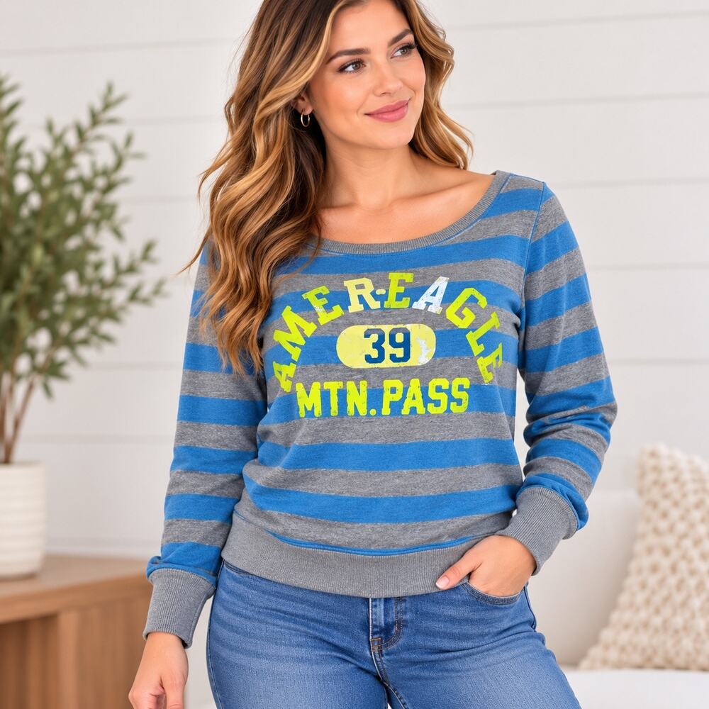 Y2K American Eagle Snowboard Graphic Striped Sweatshirt Blue Gray Neon Green